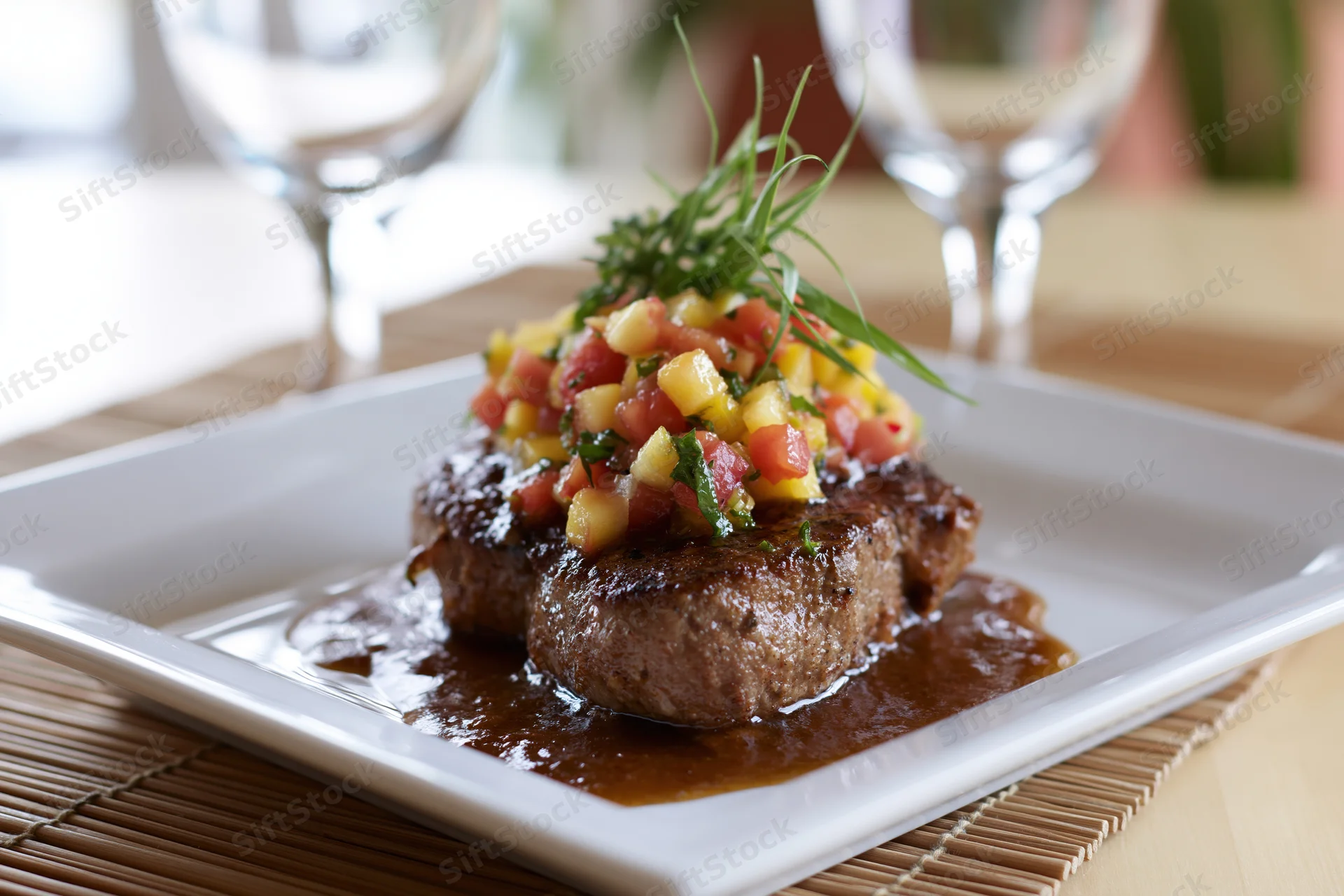 Seared steak with pineapple tomato salsa and gravy on a white square plate at a restaurant table