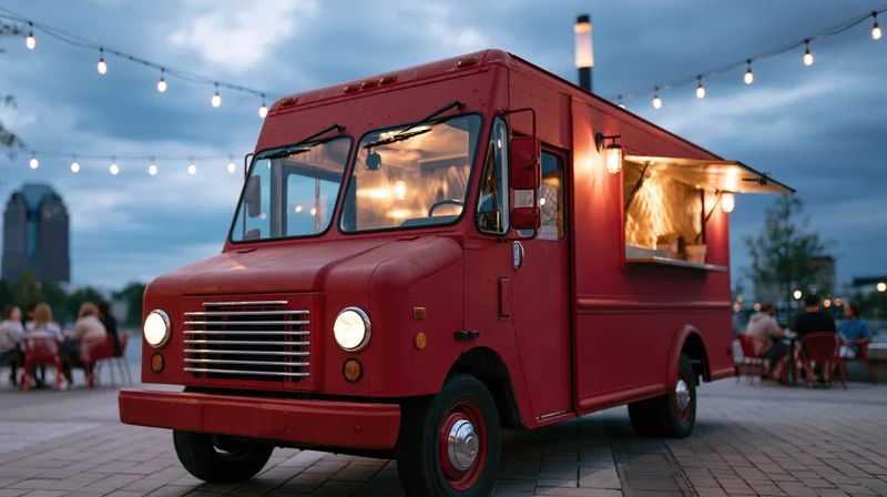 Red food truck with open service window parked on city plaza at dusk, illuminated by string lights and interior glow, people dining at tables nearby