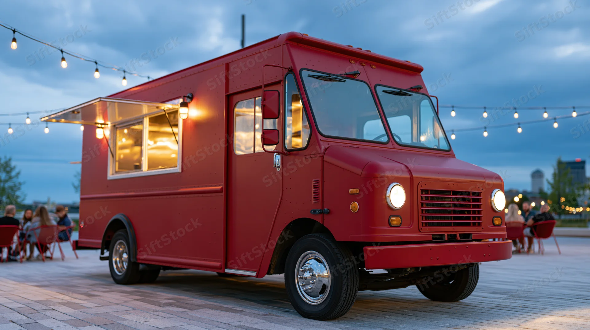 Red food truck parked on city plaza at dusk with service window open and string lights above