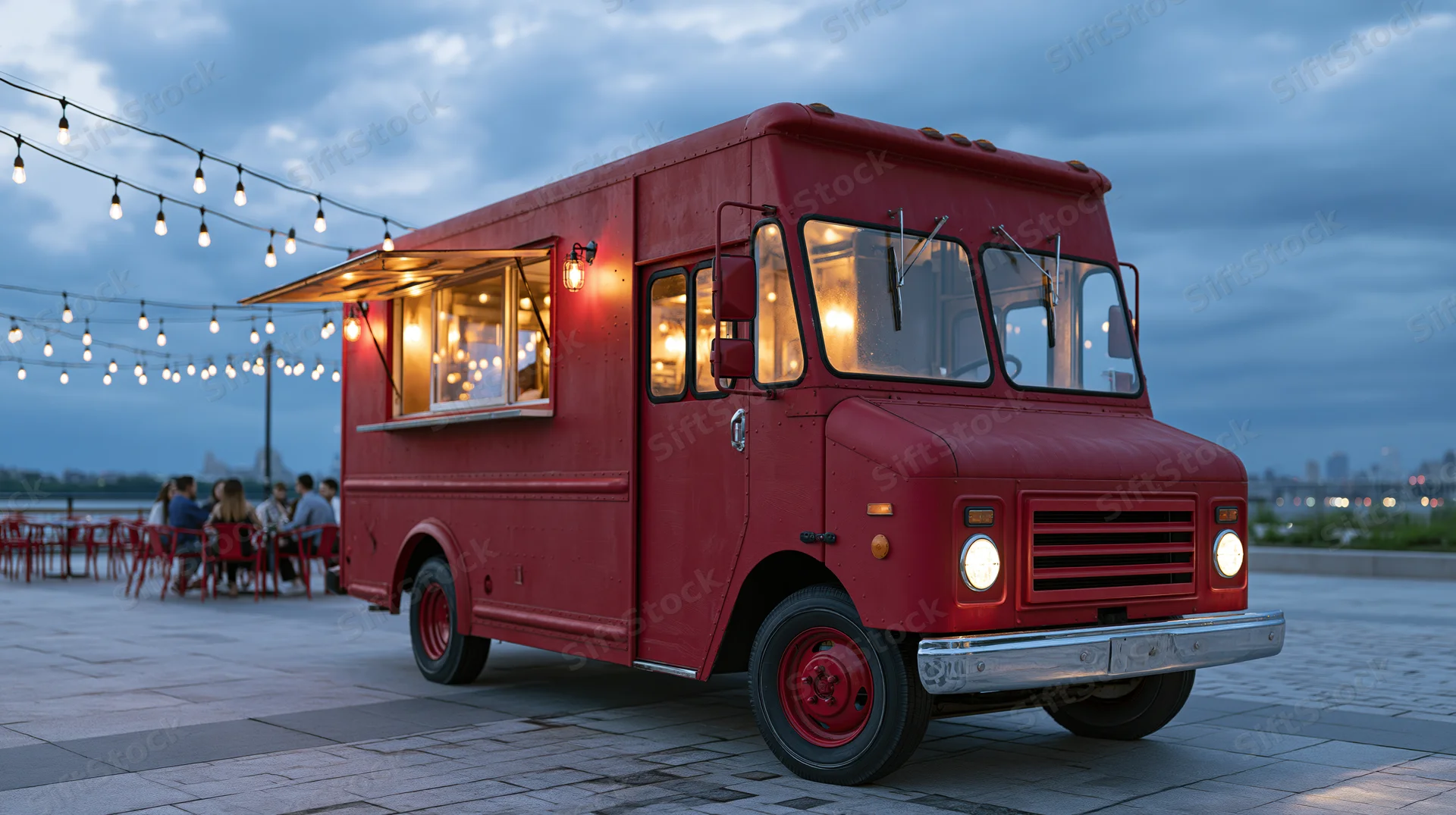 Red food truck with service window open at dusk on city plaza with string lights and outdoor seating