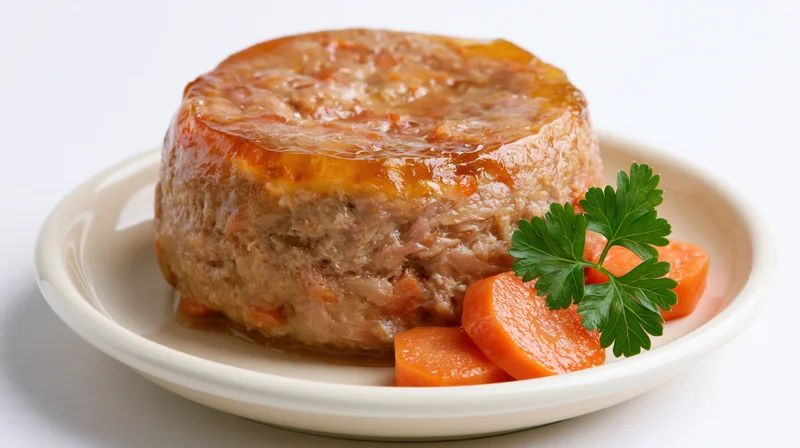Round molded meat terrine with carrot slices and parsley garnish on a white plate