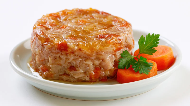 Round molded meat terrine with carrot slices and parsley garnish on white plate