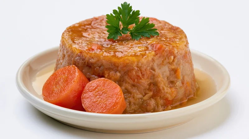 Round molded meat terrine with carrots and parsley garnish on a white plate