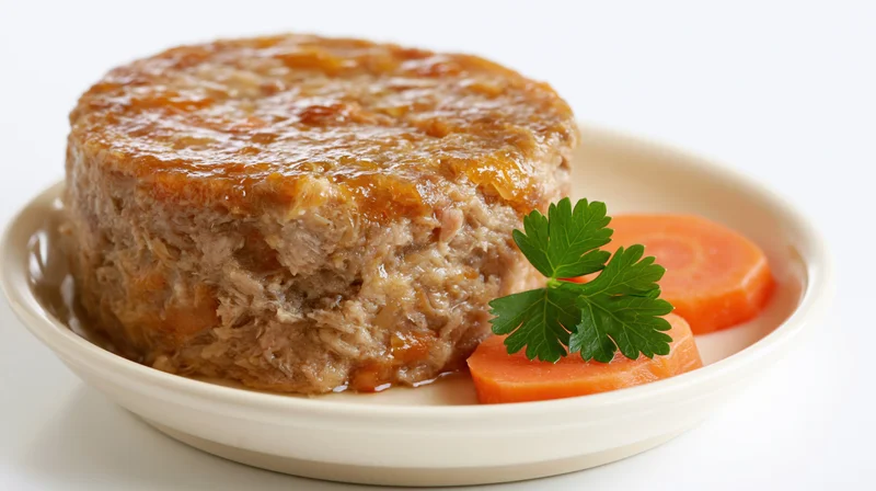 Round molded meat terrine with carrot slices and parsley garnish on a white plate