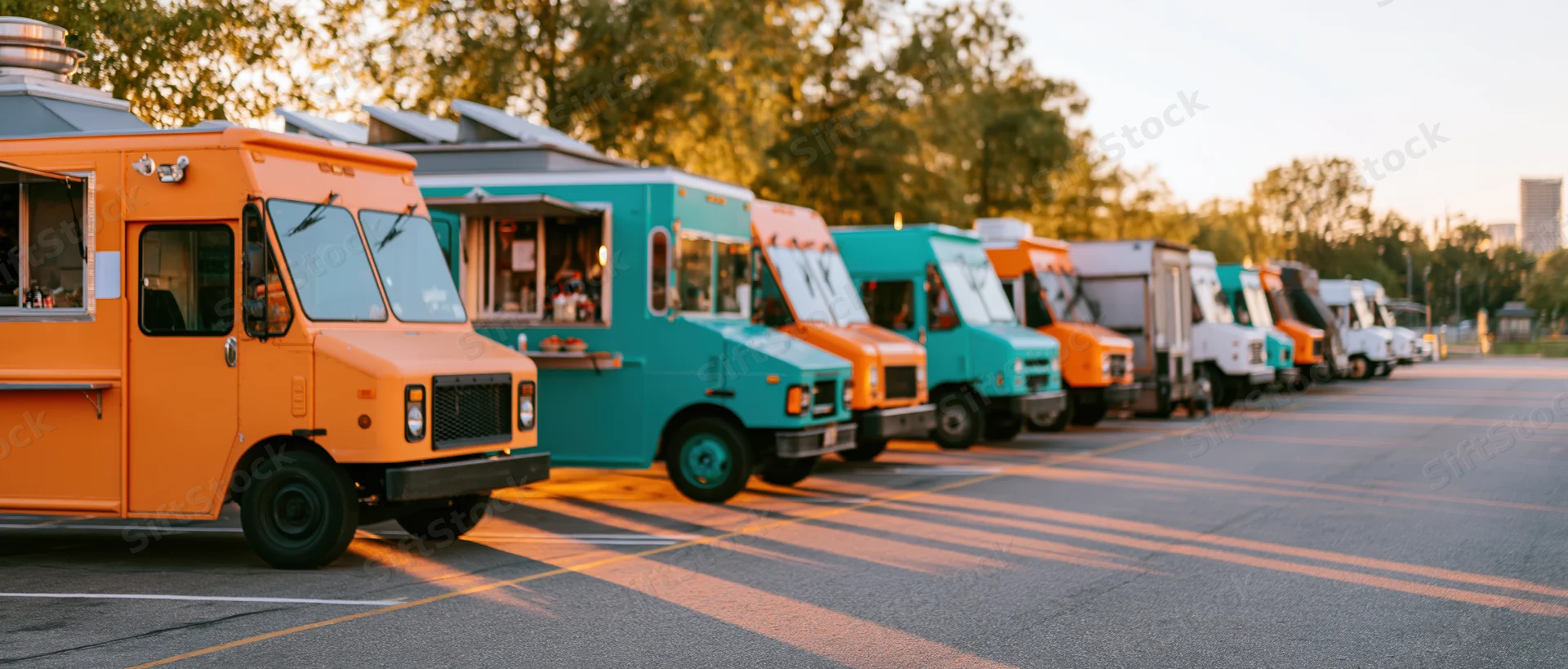 Row of colorful food trucks parked side by side in an open lot at sunset