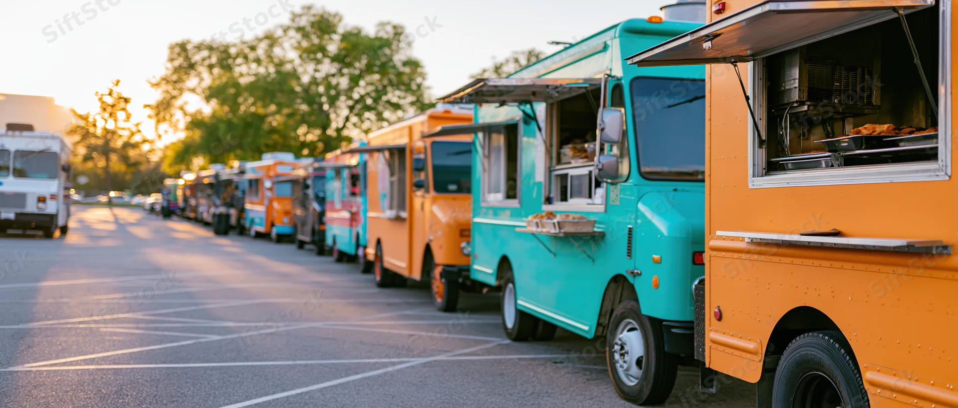 Row of colorful food trucks parked side by side in an open lot at sunset