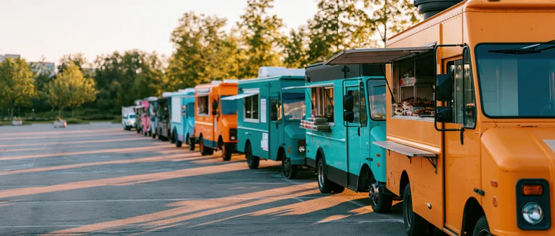 Row of colorful food trucks parked side by side in an open lot at sunset