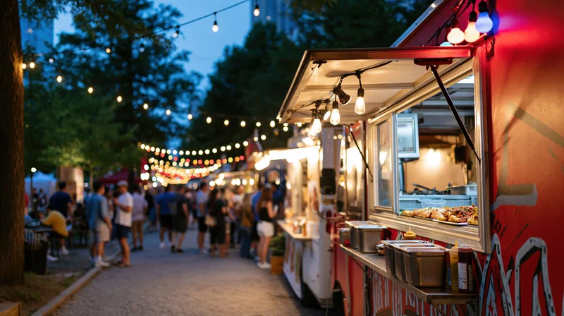 Row of food trucks serving customers at an outdoor night market under string lights