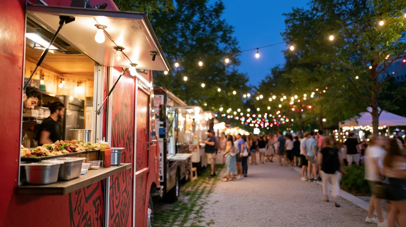 Food trucks serving street food at an outdoor night market with string lights and people walking along the path