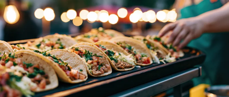 Row of street tacos on a black tray being garnished by a woman at an outdoor evening event
