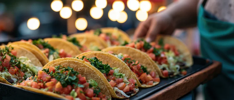Row of freshly assembled street tacos on a dark wooden tray held by a vendor at an outdoor evening market