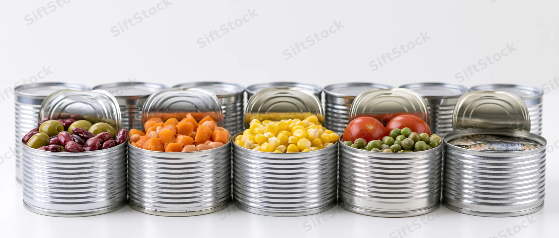 Row of open metal food cans displaying various canned vegetables and sardines on a white surface