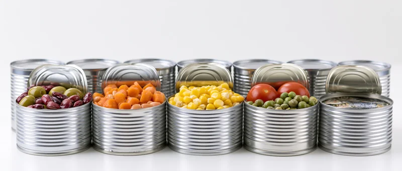 Row of open metal food cans displaying various canned vegetables and sardines on a white surface