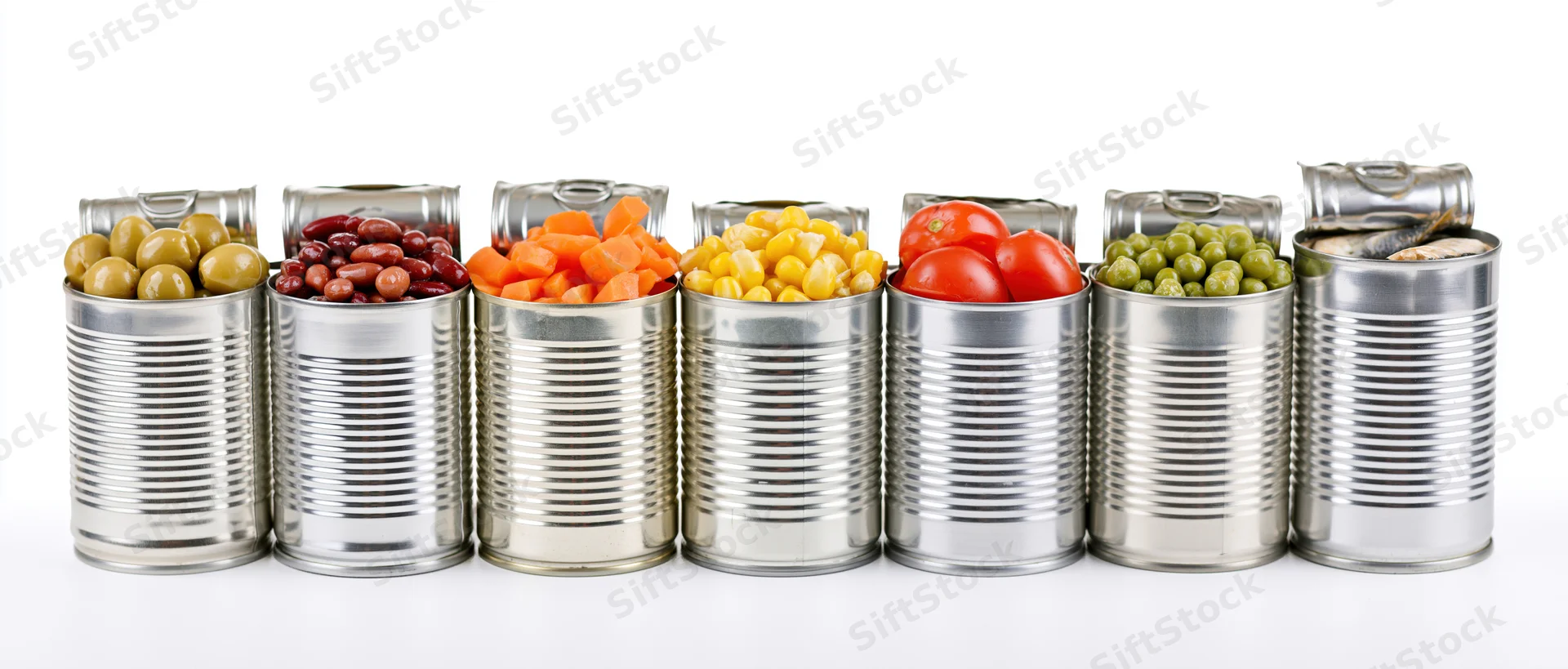 Row of open metal cans filled with various canned vegetables and sardines on white background
