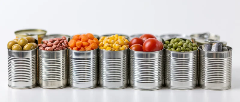 Row of open metal cans filled with various canned vegetables and beans arranged side by side on white surface