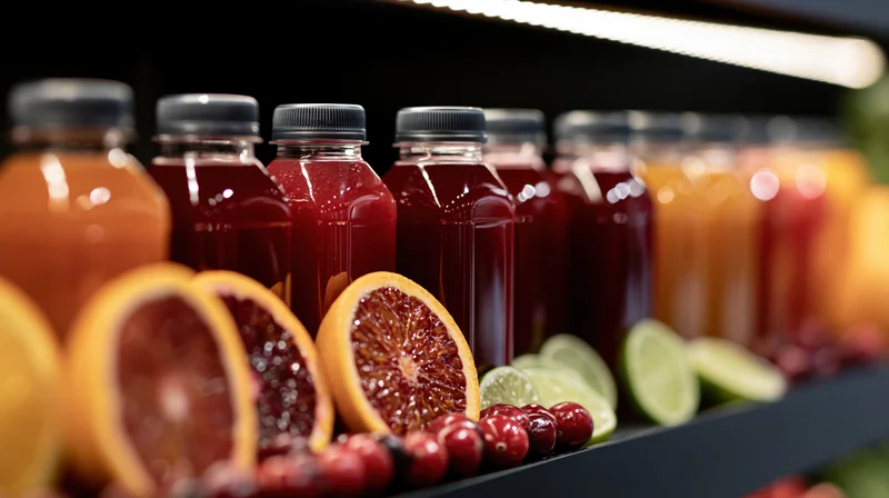 Row of juice bottles with fruit slices on a shelf in a store display