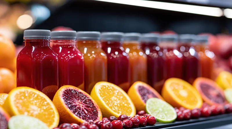 Row of plastic juice bottles with deep red and orange liquids displayed alongside sliced oranges, blood oranges, limes, and cranberries in a grocery store setting
