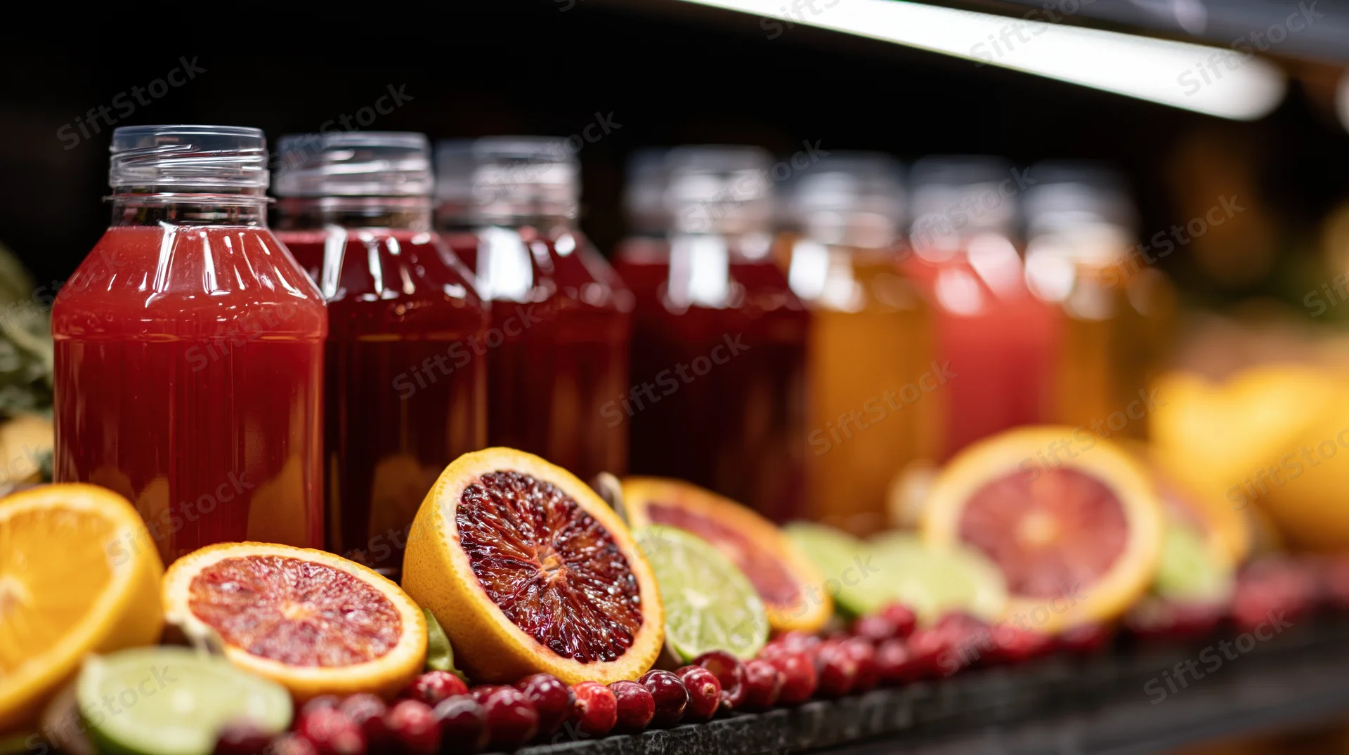 Row of plastic juice bottles with red liquid and sliced citrus fruits on a store shelf