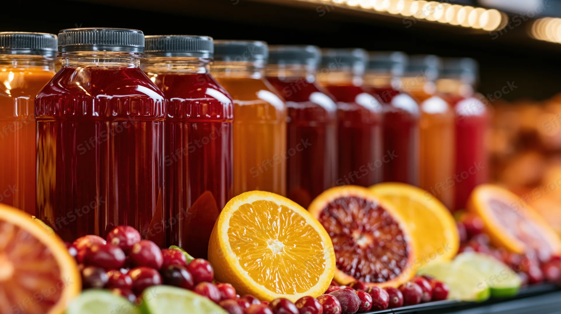Row of plastic juice bottles with deep red and amber liquids arranged on a shelf with sliced oranges, cranberries, and limes in front