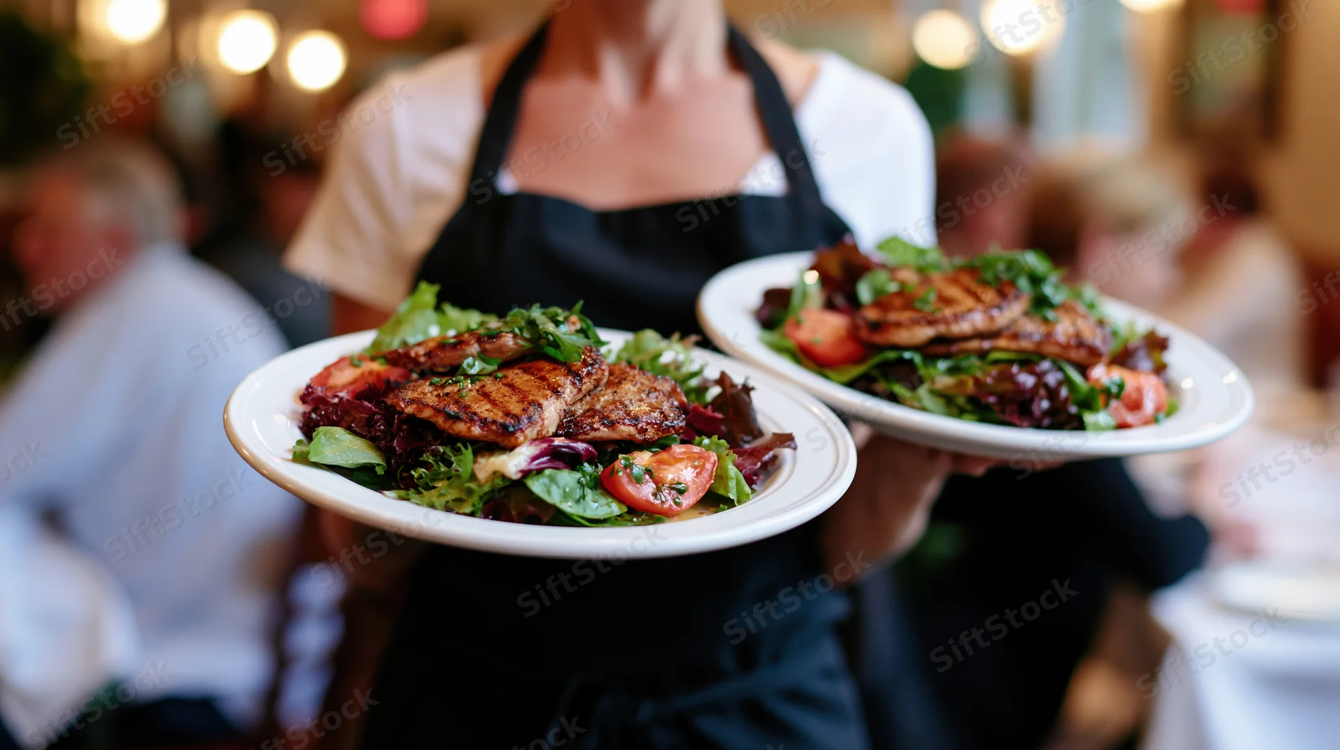 Waitress carrying two plates of grilled chicken salad in a restaurant dining room