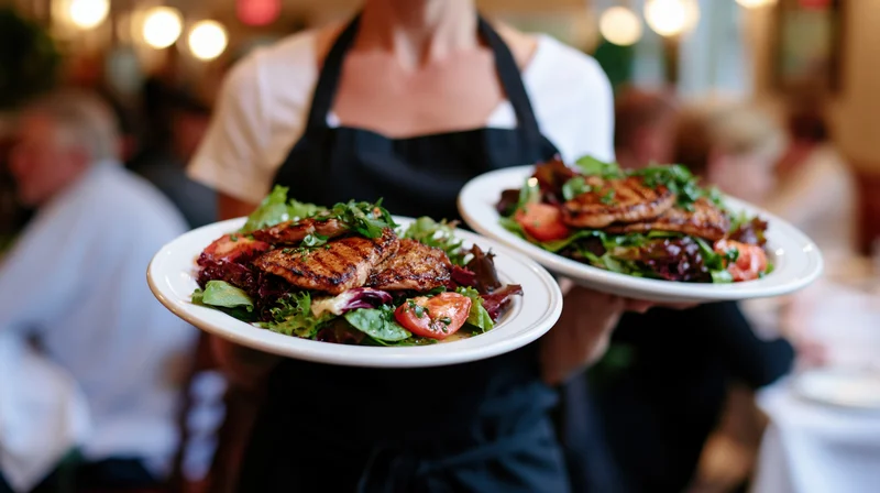 Waitress carrying two plates of grilled chicken salad in a restaurant dining room