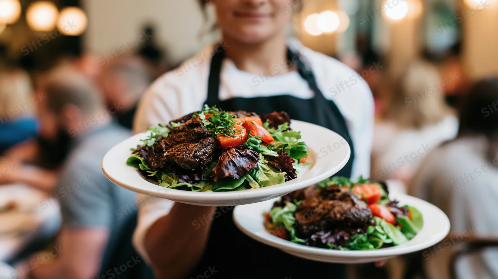 Woman server holding two plates of food in a restaurant dining area