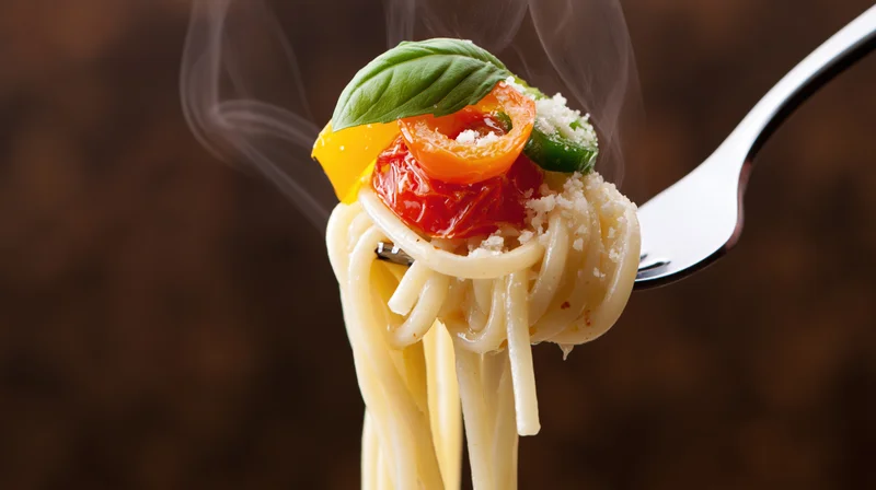 Spaghetti twirled on a fork with cherry tomatoes, basil, and grated cheese, steam rising