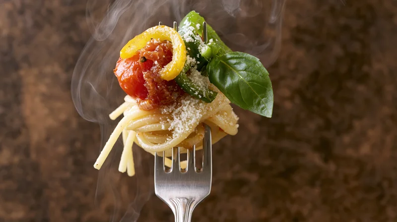 Spaghetti twirled on a fork with steam rising, topped with basil, tomato, cheese and pepper, against a dark textured background