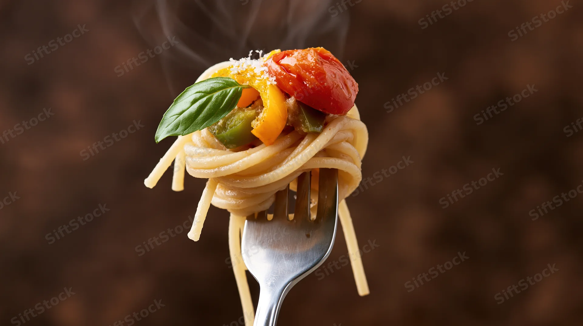 Spaghetti twirled on a fork with cherry tomatoes, basil, and peppers, steaming against a dark background