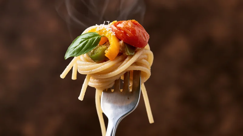 Spaghetti twirled on a fork with cherry tomatoes, basil, and peppers, steaming against a dark background