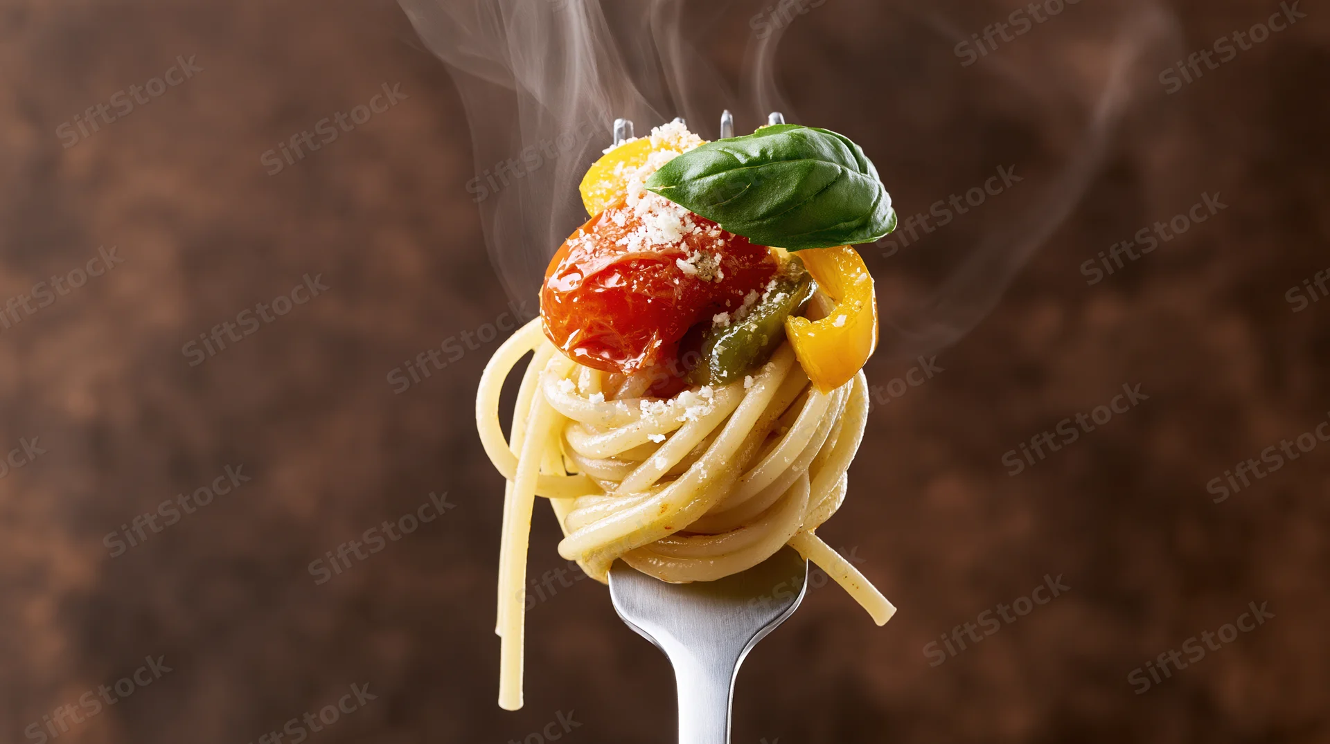Spaghetti twirled on a fork with basil, tomato, cheese and steam against a brown background