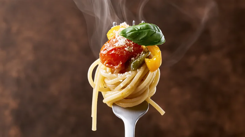 Spaghetti twirled on a fork with basil, tomato, cheese and steam against a brown background
