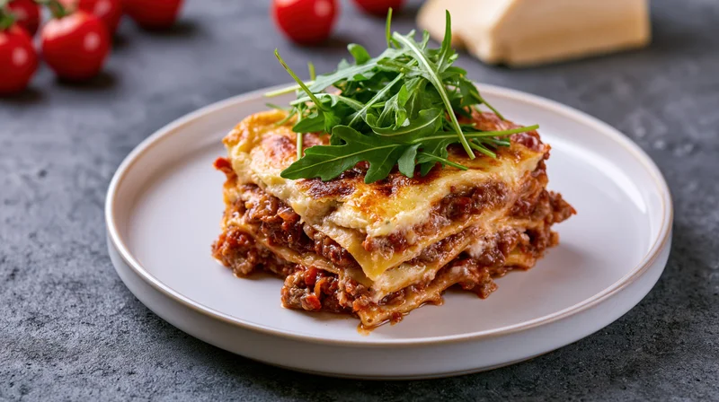 Slice of beef lasagna with arugula garnish on white plate on gray surface