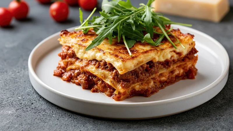Slice of beef lasagna with golden bchamel and arugula on a white plate