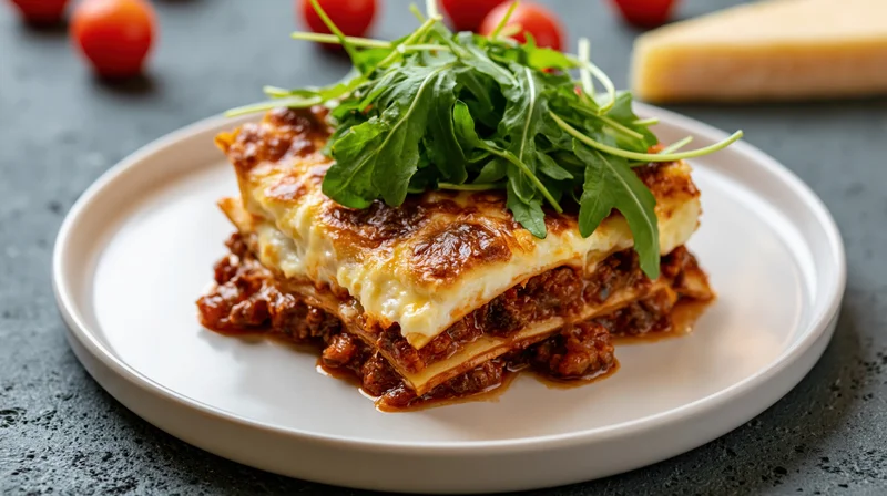 Single serving of beef lasagna with golden béchamel sauce on a white plate, garnished with arugula, on a dark surface