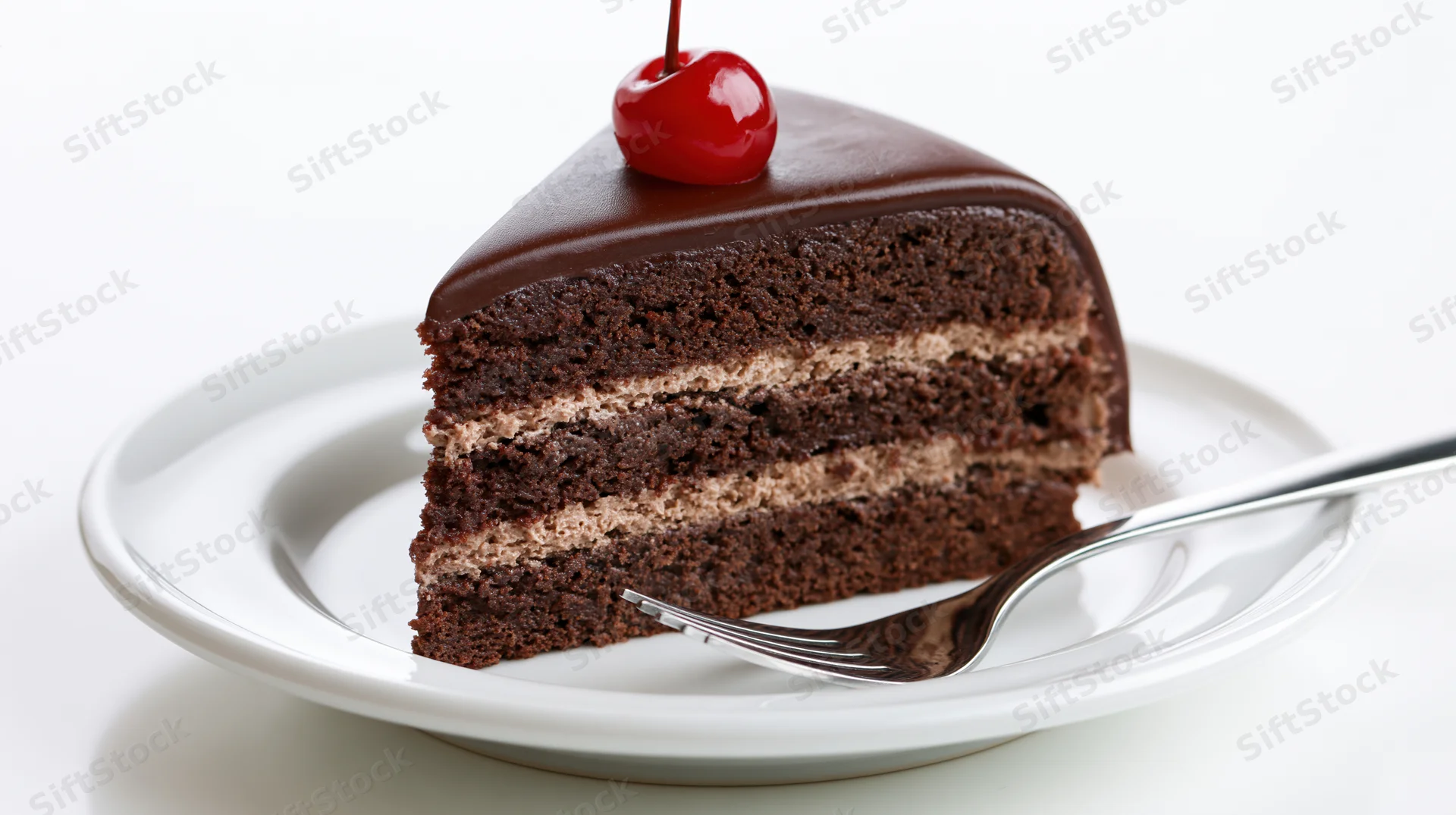 Slice of triple-layer chocolate cake with cherry on top on white plate with fork