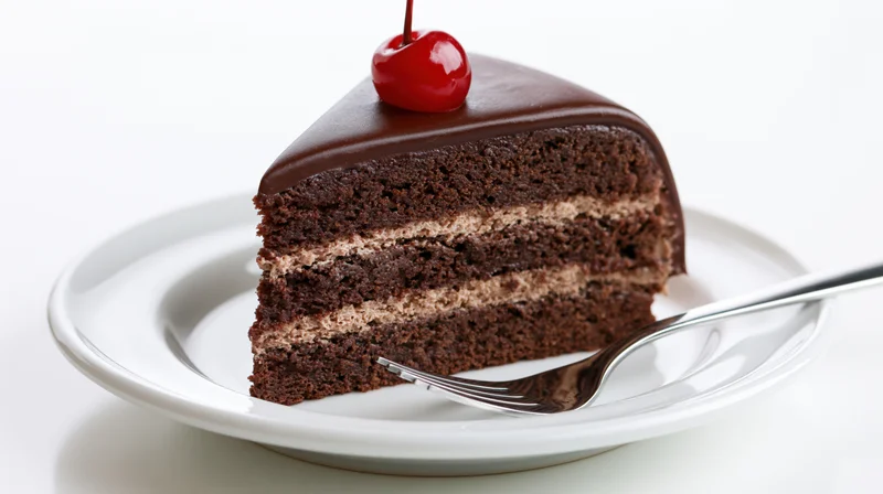Slice of triple-layer chocolate cake with cherry on top on white plate with fork