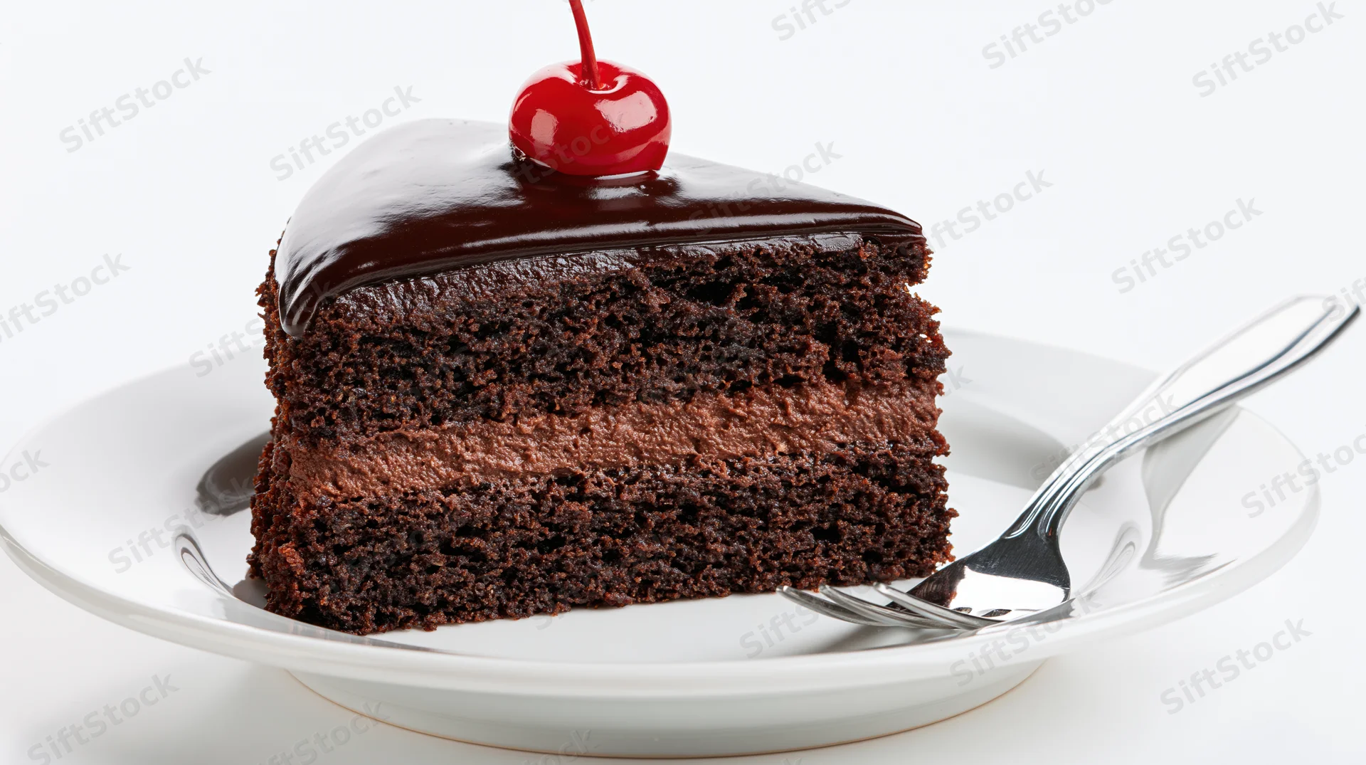 Slice of triple-layer chocolate cake with cherry topping on white plate and fork