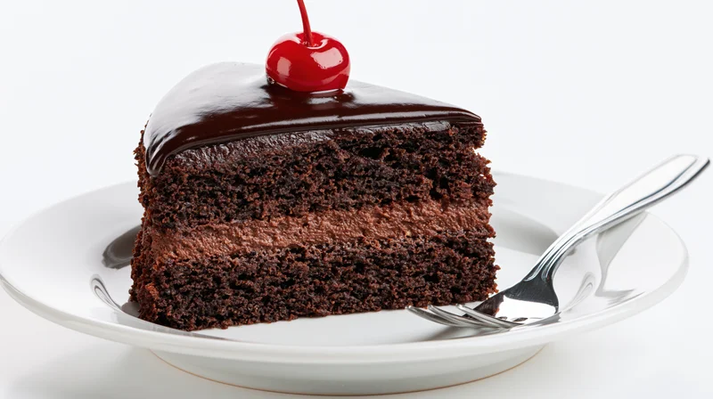 Slice of triple-layer chocolate cake with cherry topping on white plate and fork