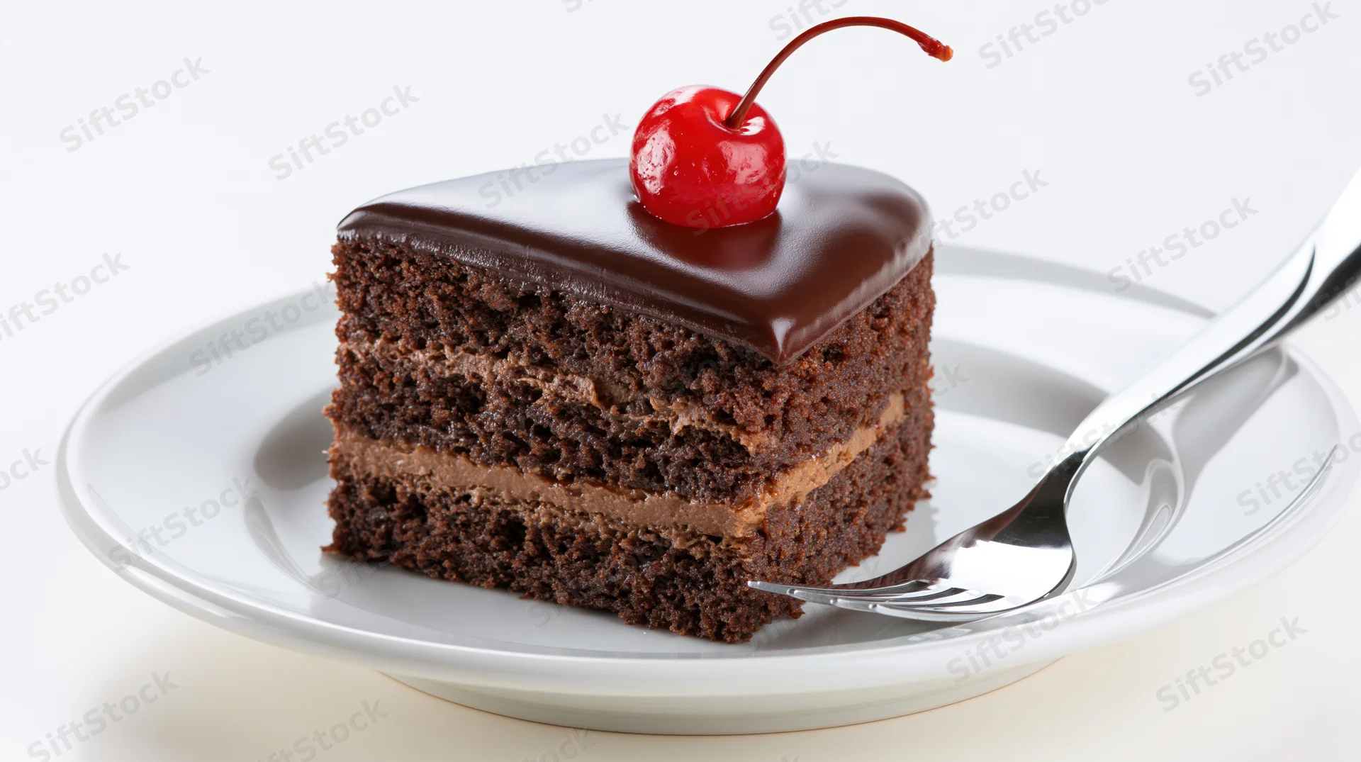 Slice of triple-layer chocolate cake with cherry topping on white plate and fork
