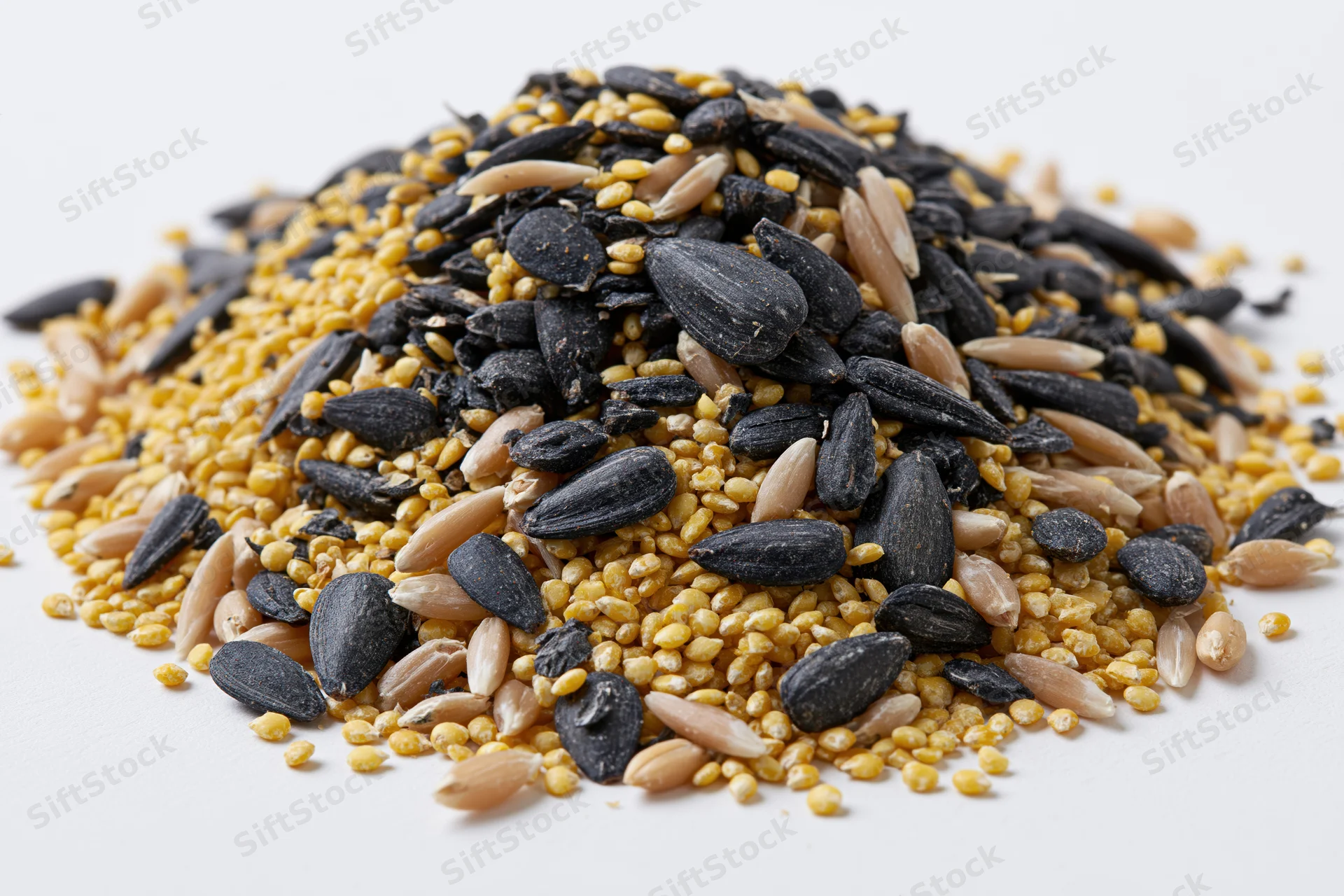 A mound of mixed birdseed including black sunflower seeds, millet, and wheat on a white background