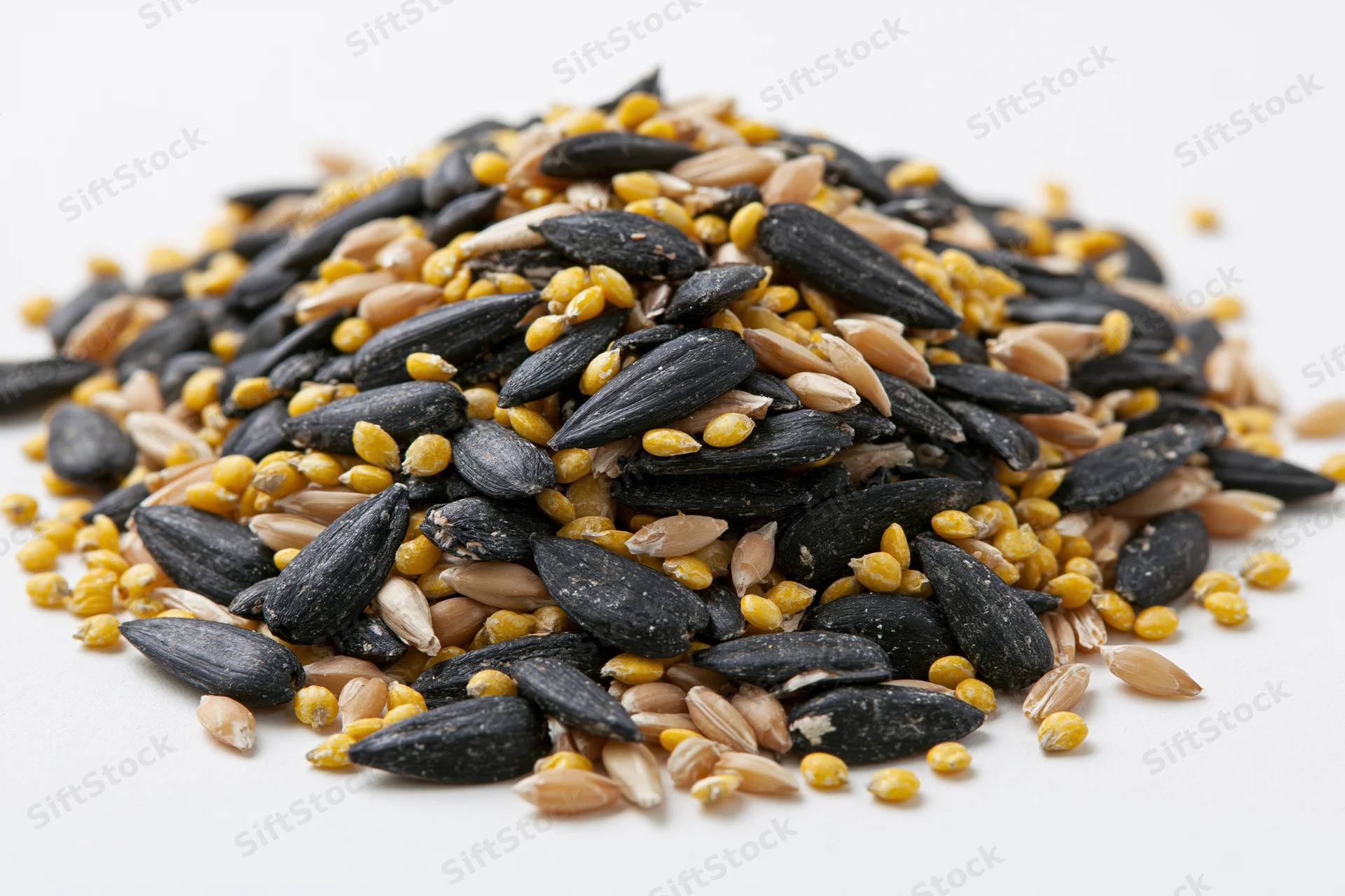 A mound of mixed birdseed including black sunflower seeds and yellow kernels on a white surface