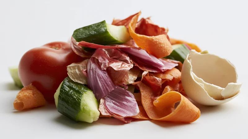 Pile of kitchen food scraps including vegetable peels, eggshell, and tomato on white background