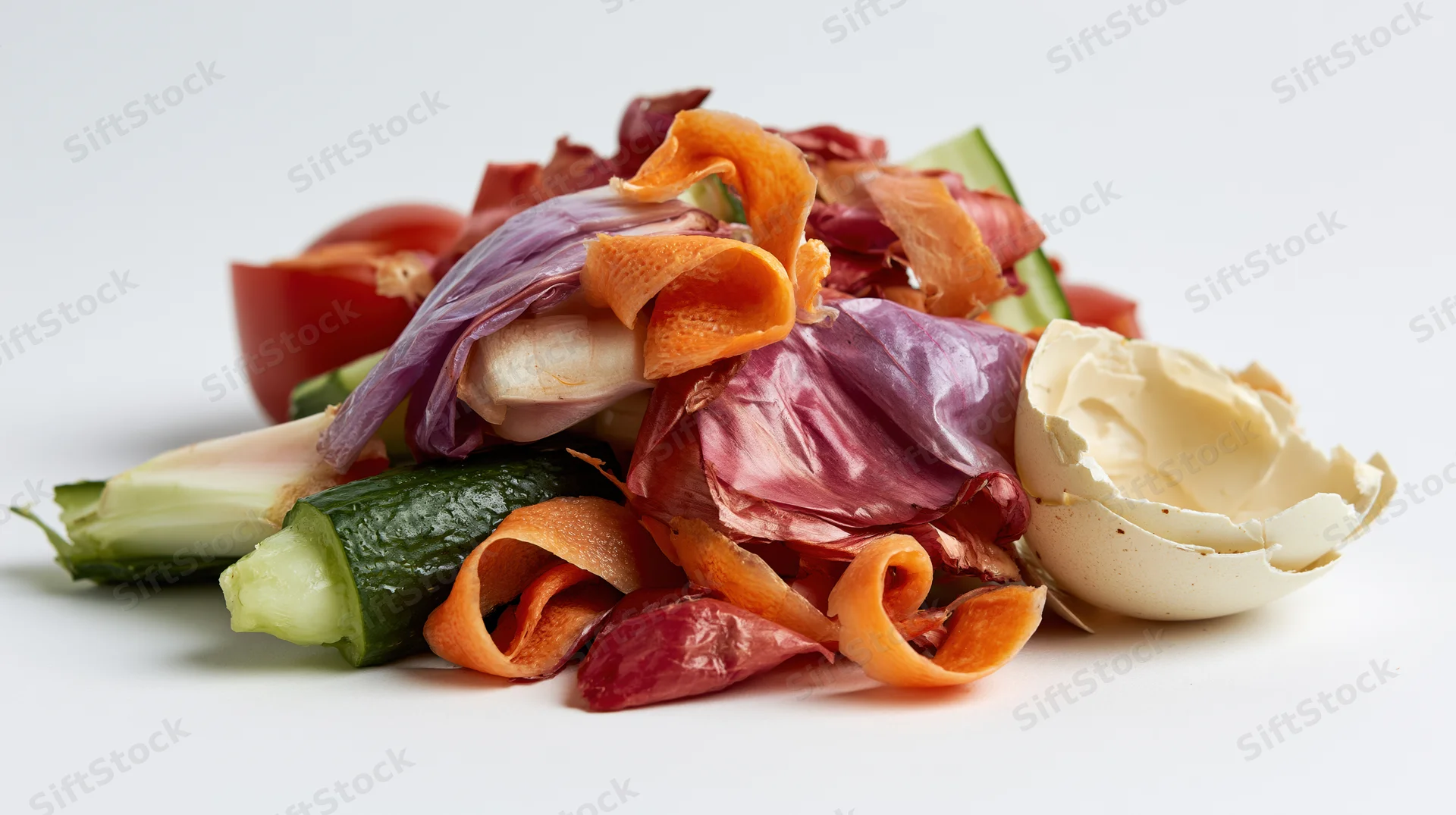 Pile of vegetable peels and eggshell scraps on white background
