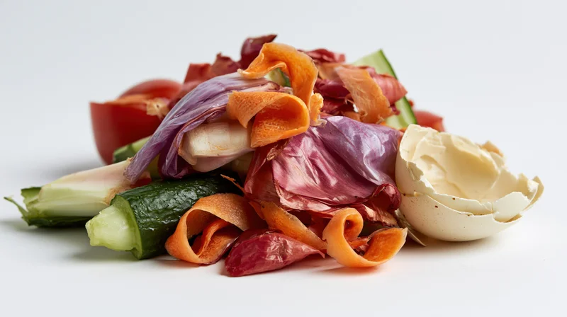 Pile of vegetable peels and eggshell scraps on white background