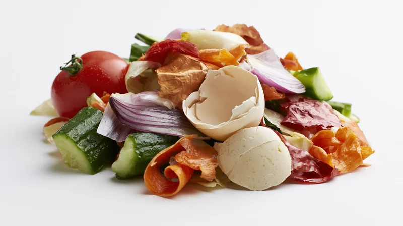 Pile of kitchen food scraps including tomato, cucumber, onion, eggshell and bacon rind on white background