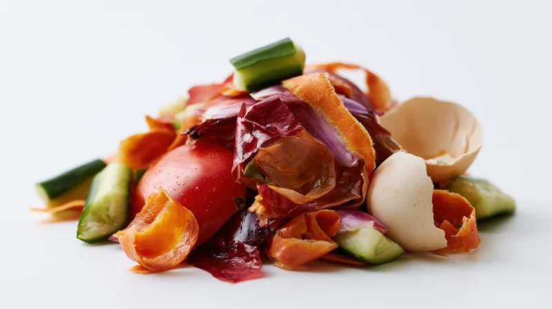 Pile of kitchen food scraps including vegetable peels and eggshells on white background