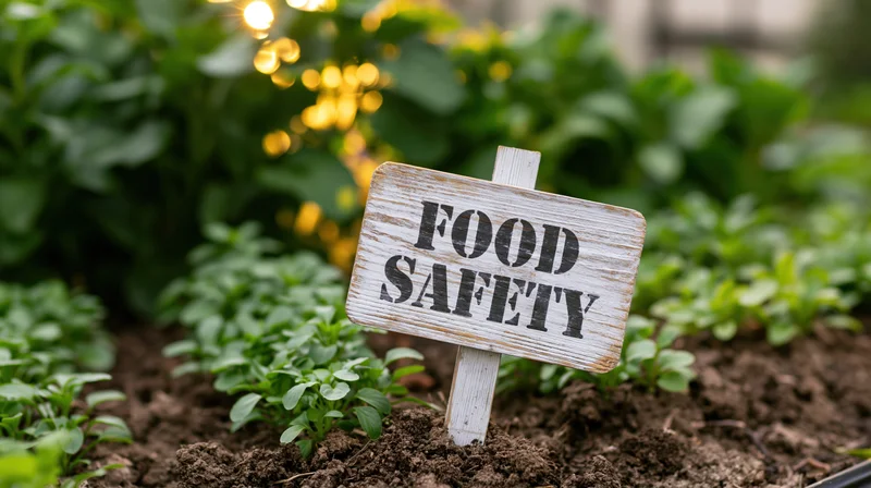 Whitewashed wooden sign reading food safety staked in a vegetable garden with green plants and soil
