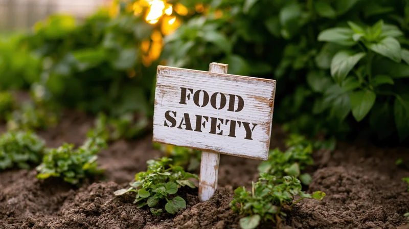 Wooden sign reading food safety staked in a garden bed among leafy green plants