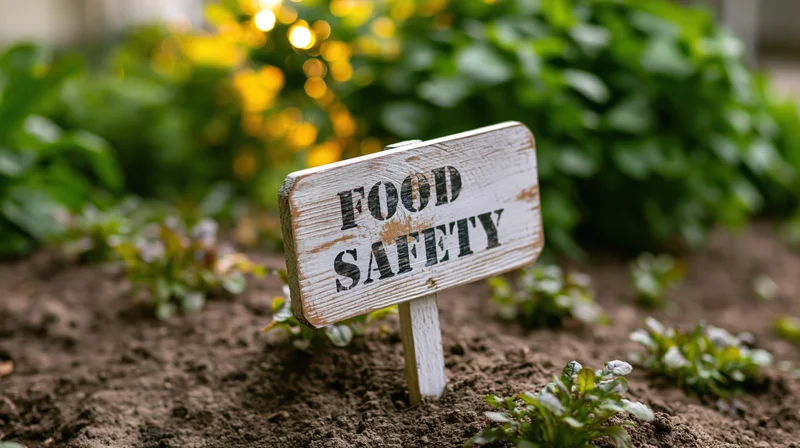Whitewashed wooden sign reading food safety staked in a vegetable garden with young plants and soil